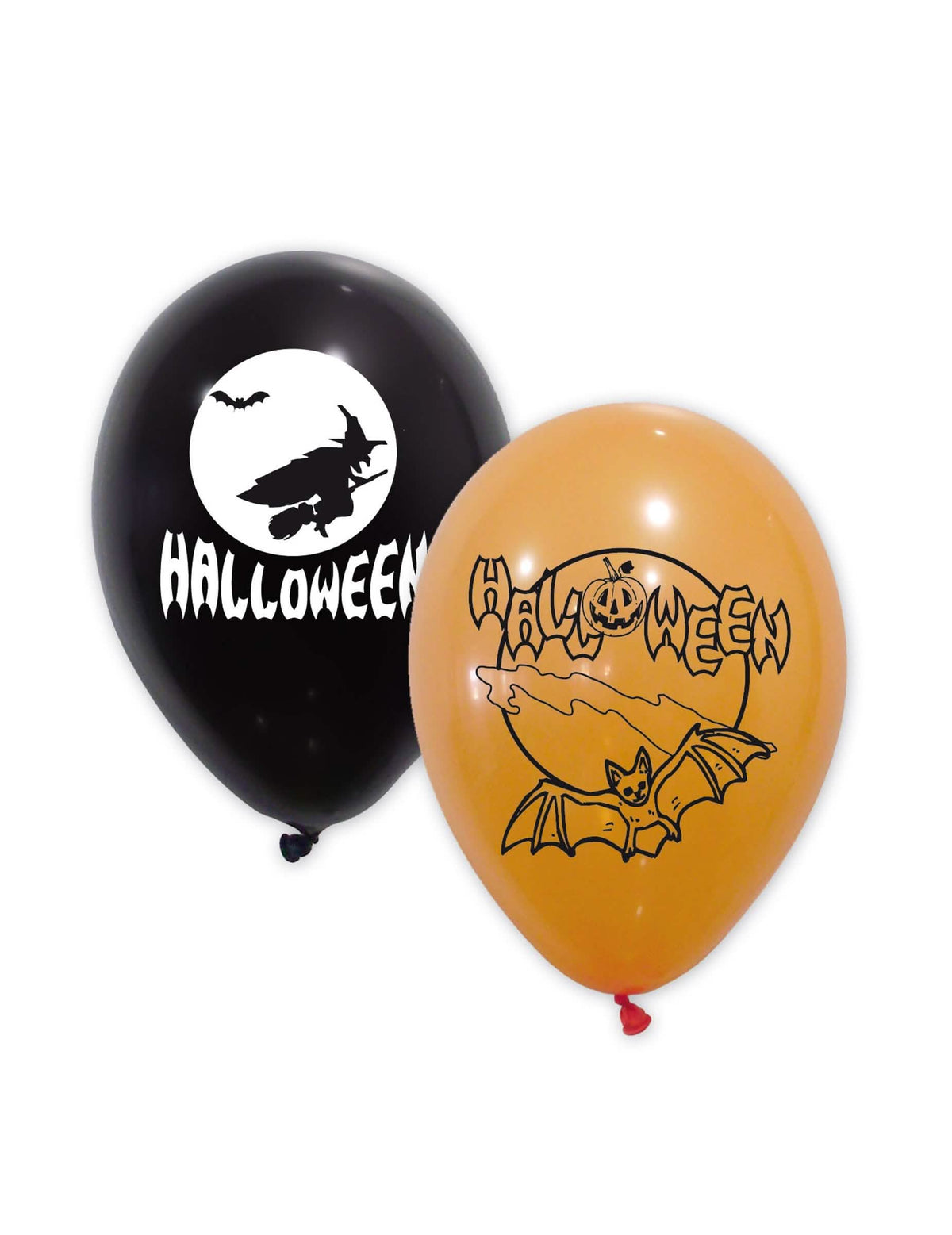 globos de látex halloween negros y naranjas con motivos de bruja y murciélago