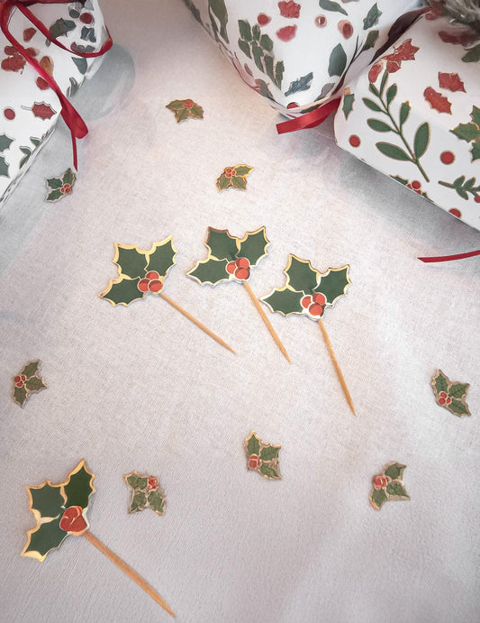 Mise en situation des pics à cocktail houx de Noël