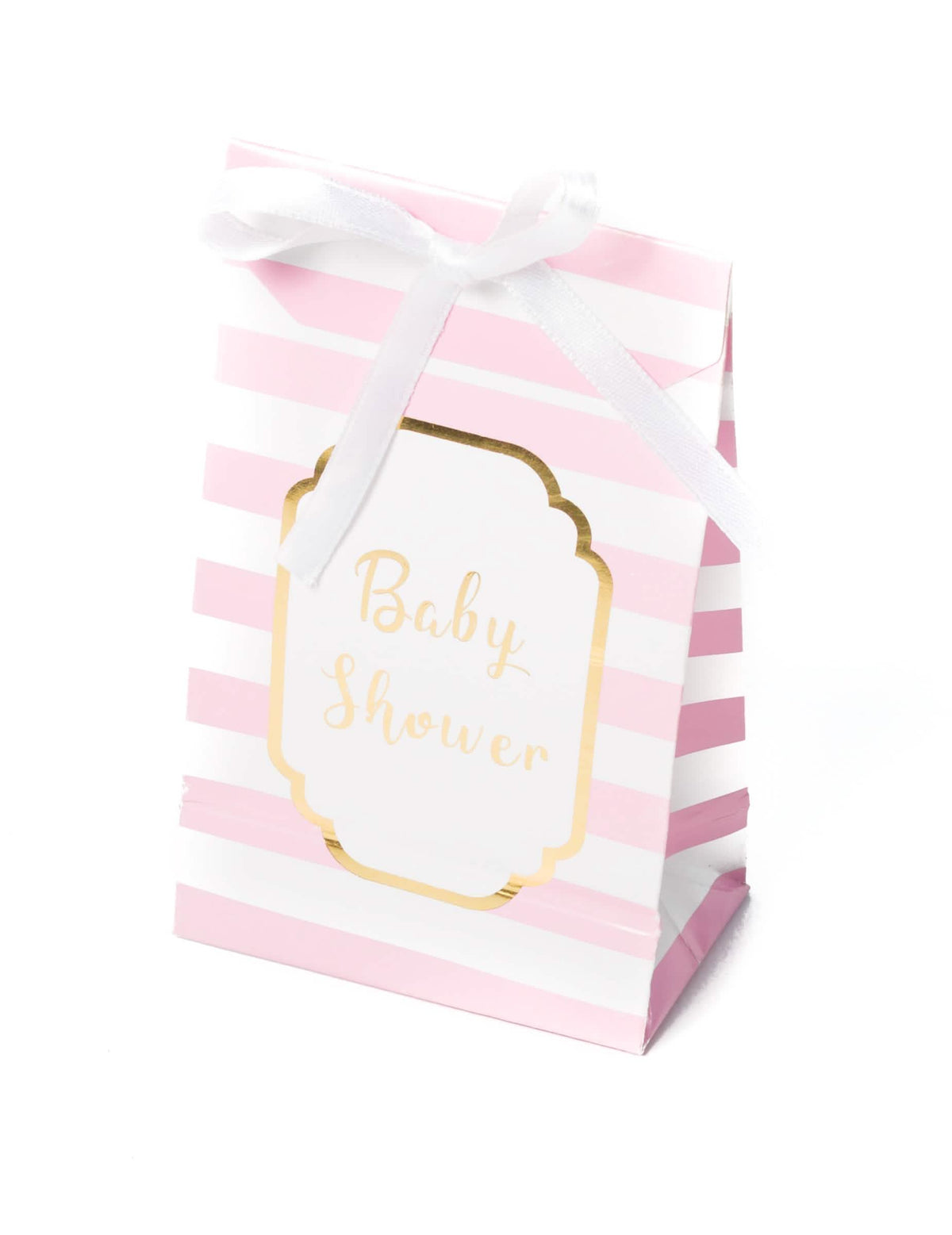 Bolsitas de regalo baby shower rosa y dorado a rayas con cinta blanco