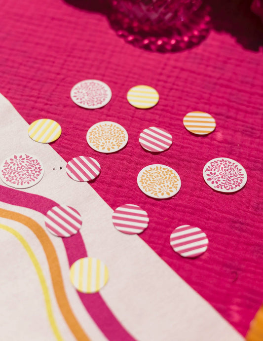 100 Confetis de papel limón, naranja y frambuesa 2,5 cm