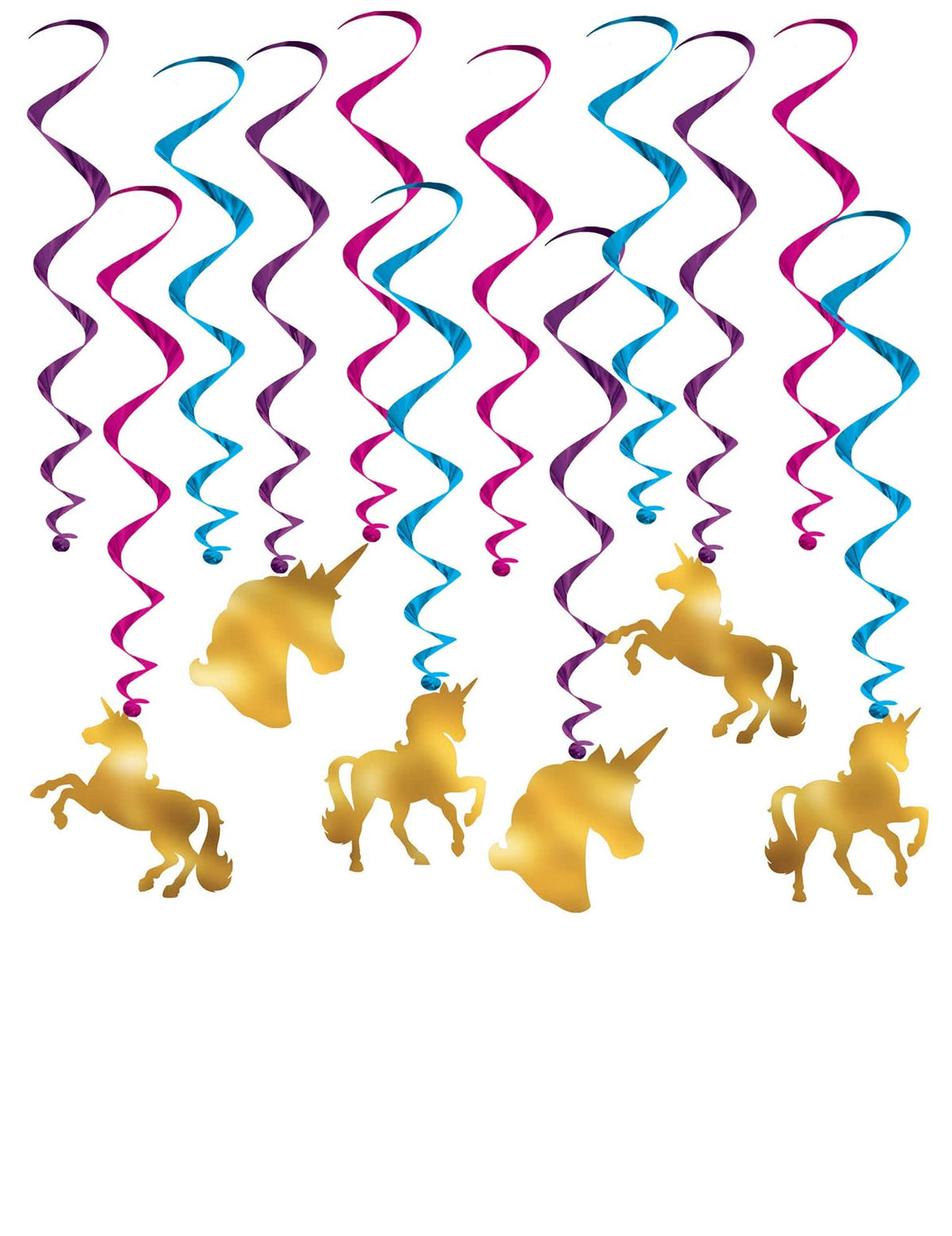 Decoraciones para colgar unicornios con espirales multicolores y siluetas doradas