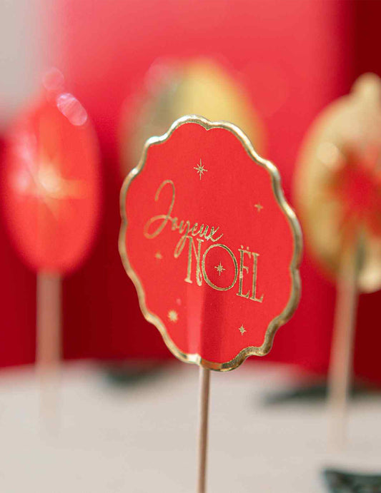 12 palillos Feliz Navidad atemporal rojo y dorado 9 cm