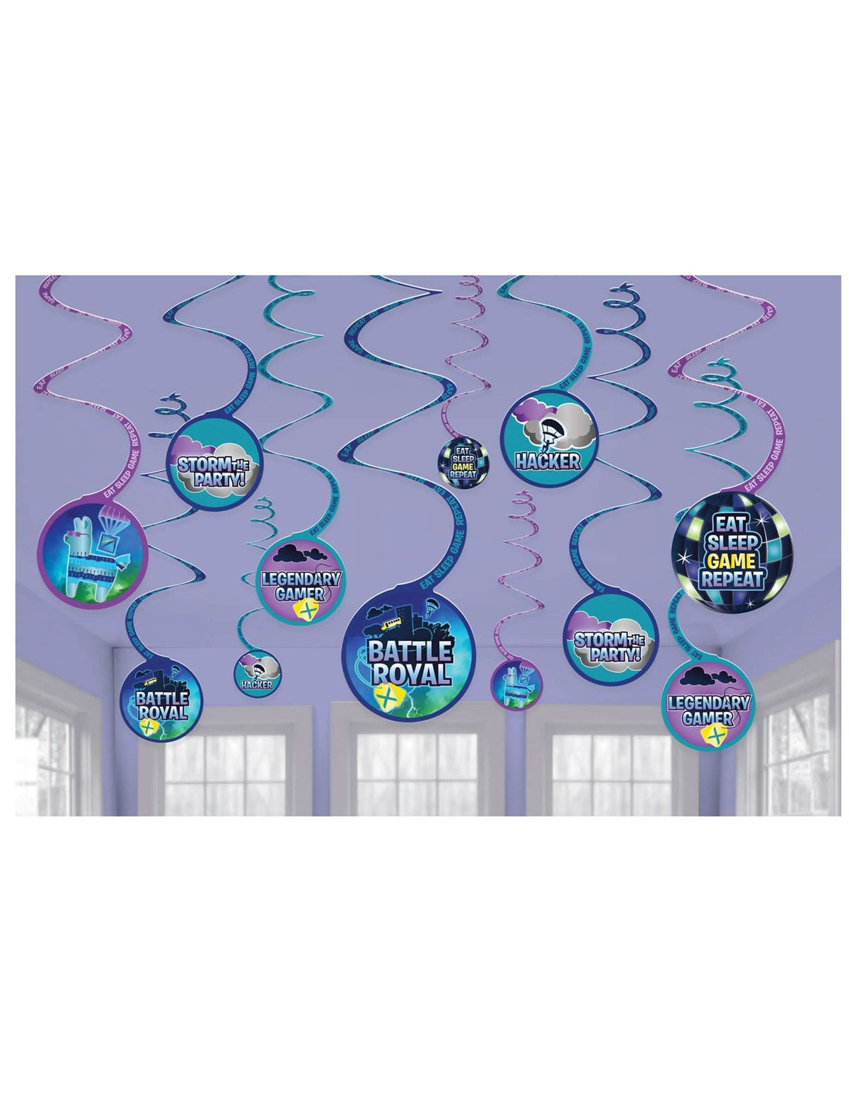 Suspensiones en espiral Battle Royale para fiesta azules y violetas con motivos gaming