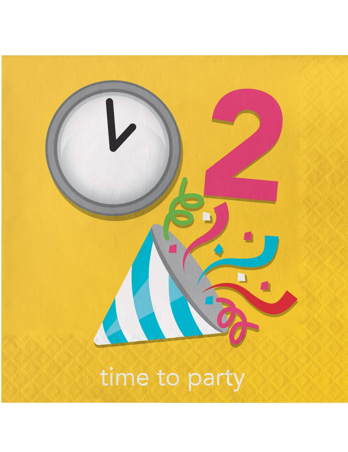 servilletas de papel Emojions party para cumpleaños amarillo con motivos de reloj y sombrero de fiesta