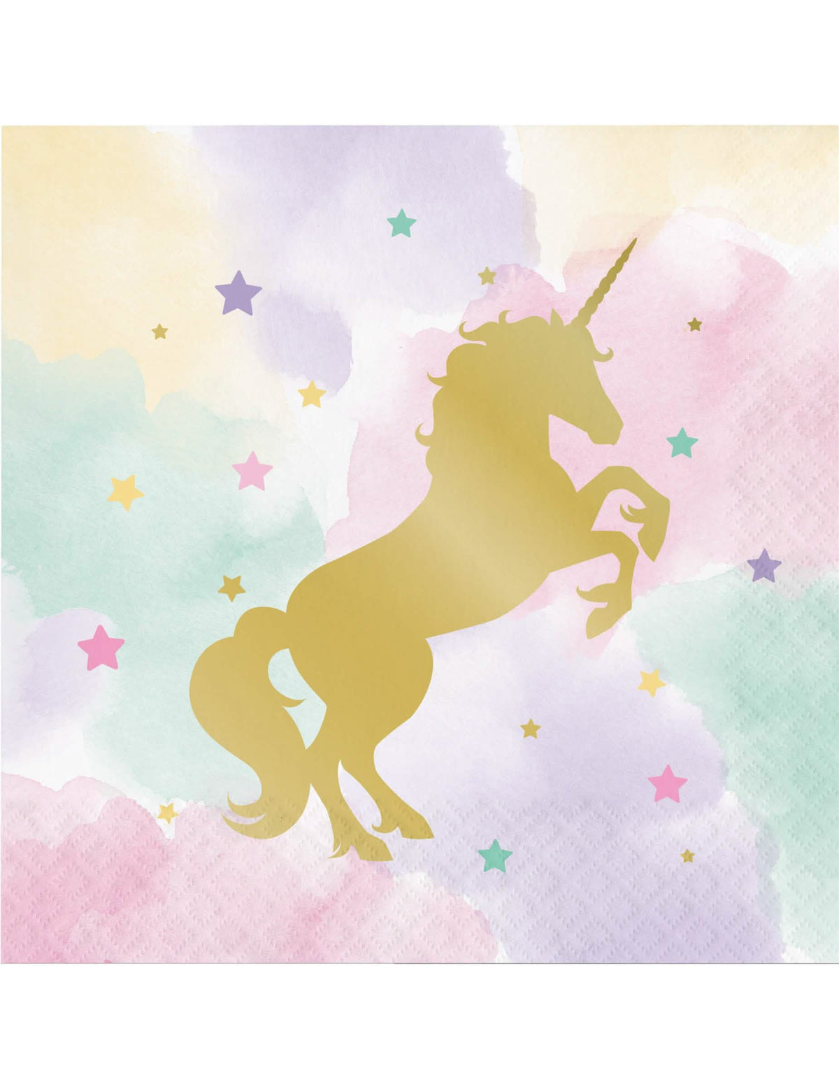 servilletas de papel unicornio con silueta dorada y fondo acuarela pastel