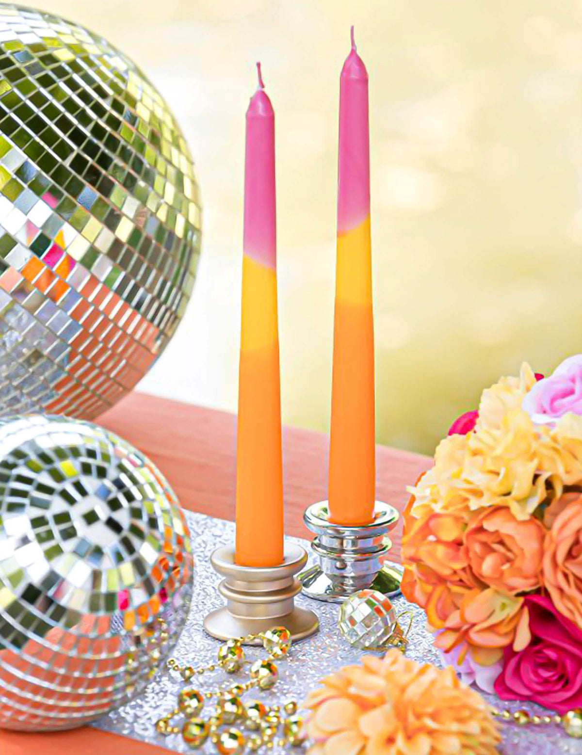 2 Velas alargadas rosa, amarillo, naranja 25 cm