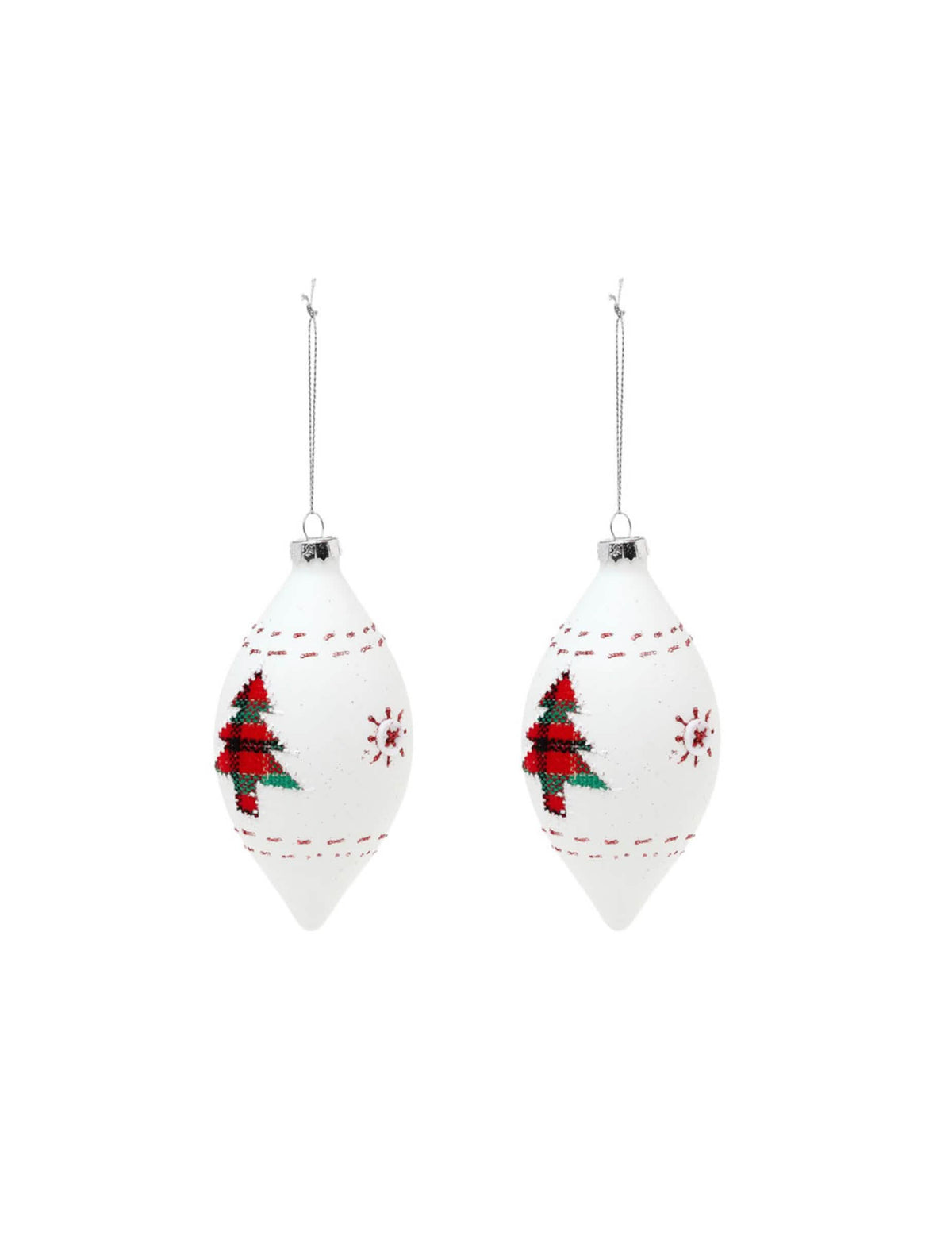 2 bolas de vidrio en forma de gota, decoración tradicional blanca con abetos rojos y verdes