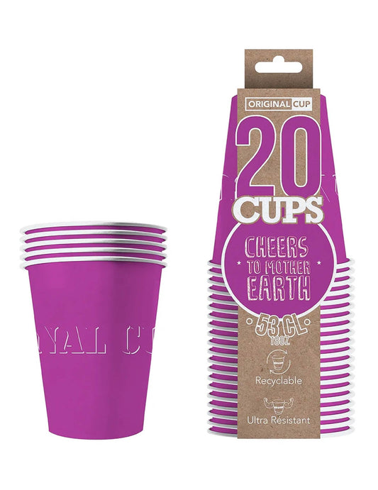 Vue de l'emballage des gobelets américains en carton recyclable violets