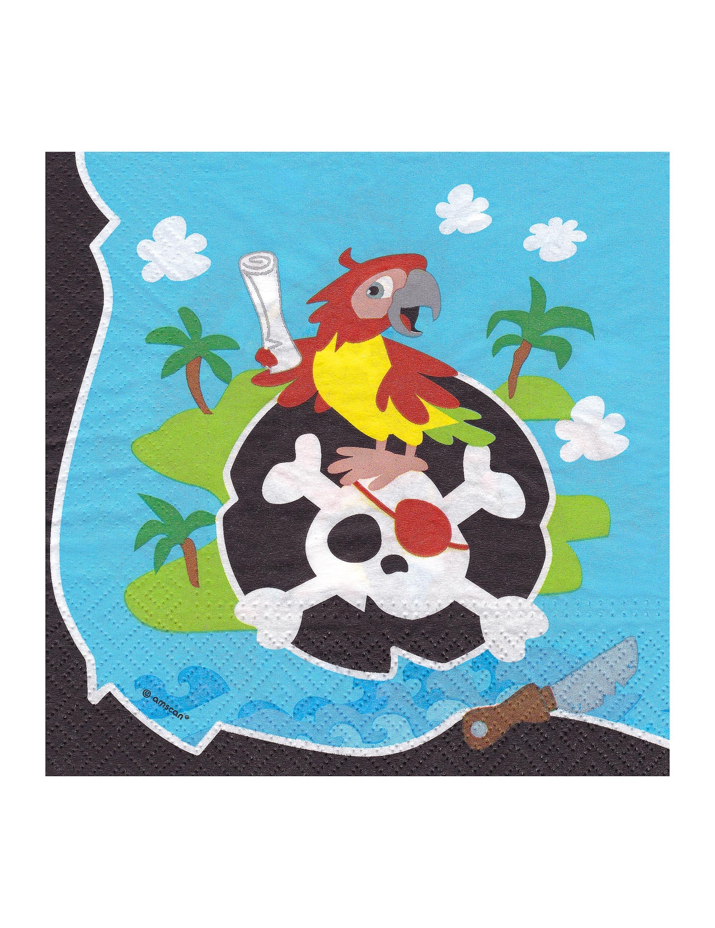 Détail de l'illustration du perroquet sur une tête de mort des serviettes en papier pirate pour anniversaire enfant