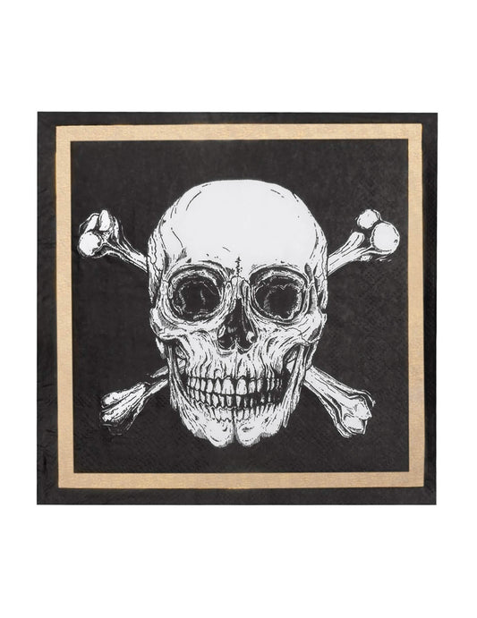 Détail du motif de tête de mort des serviettes en papier Pirate Jolly Roger