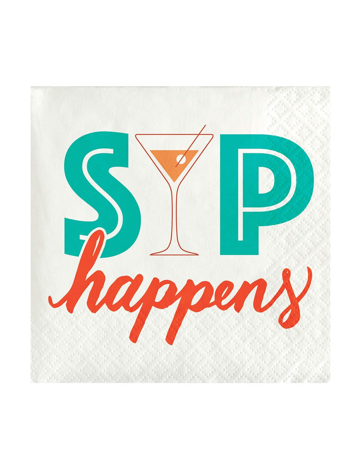servilletas de papel Sip Happens Cocktail para adulto blancas con texto turquesa y naranja