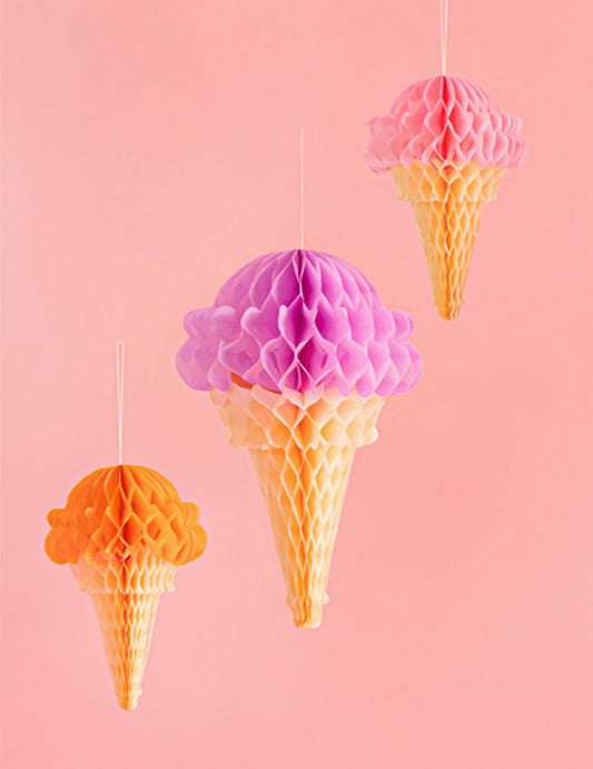 3 Decoraciones de papel de seda alveolar cucurucho de helado 20 a 30 cm