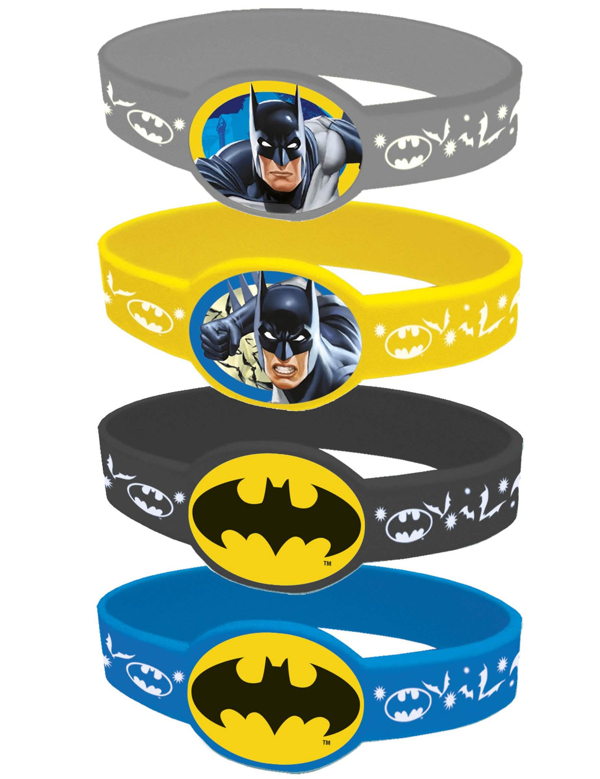 4 pulseras elásticas Batman para niño gris amarillo negro y azul con motivos
