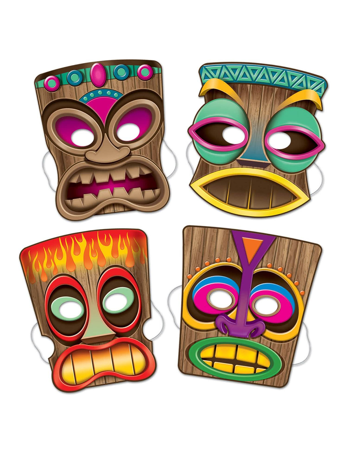 Lote de 4 máscaras Tiki para niño y adulto multicolores efecto madera