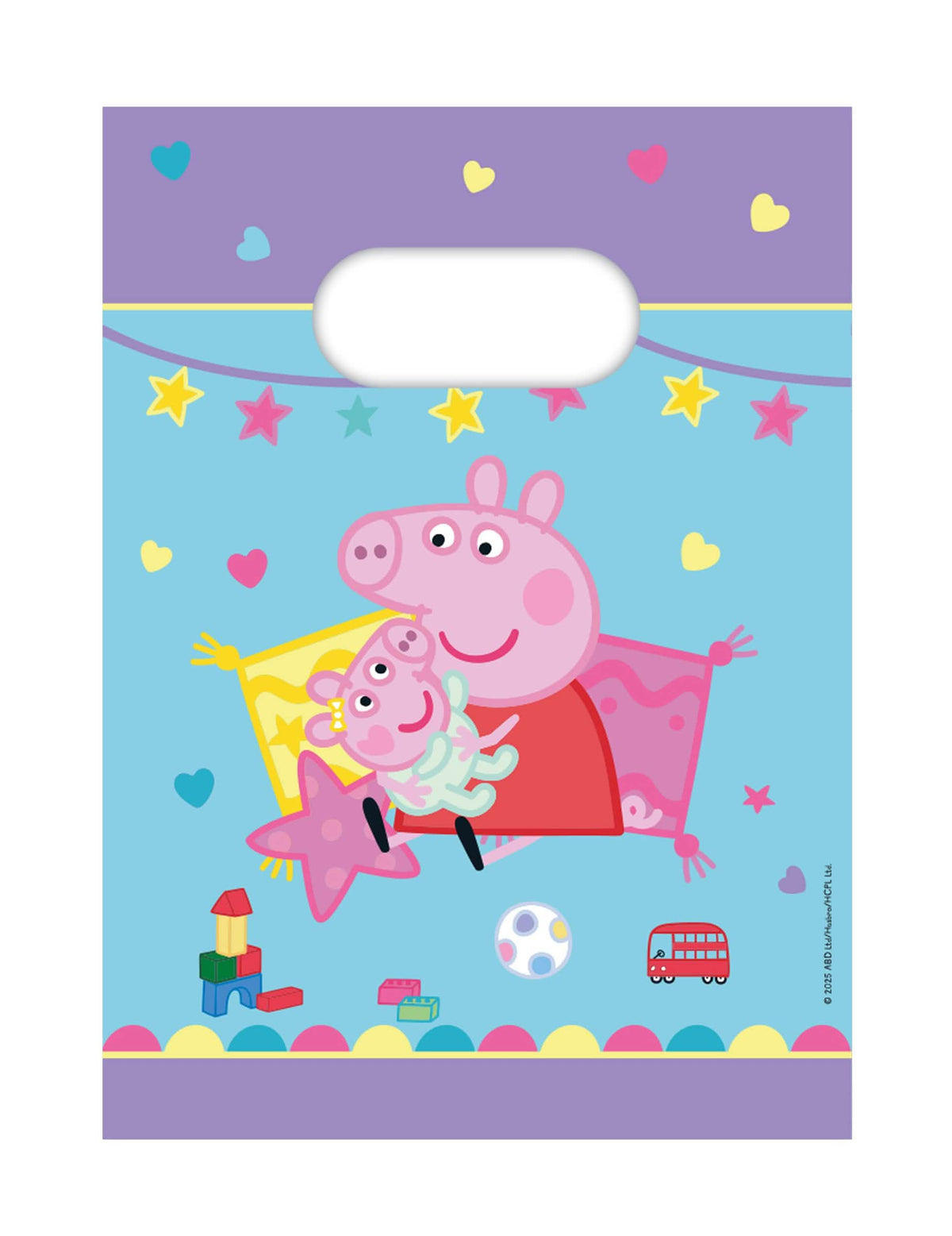 bolsas de regalo de papel Peppa Pig para niño azules y violetas con motivos de corazones y estrellas