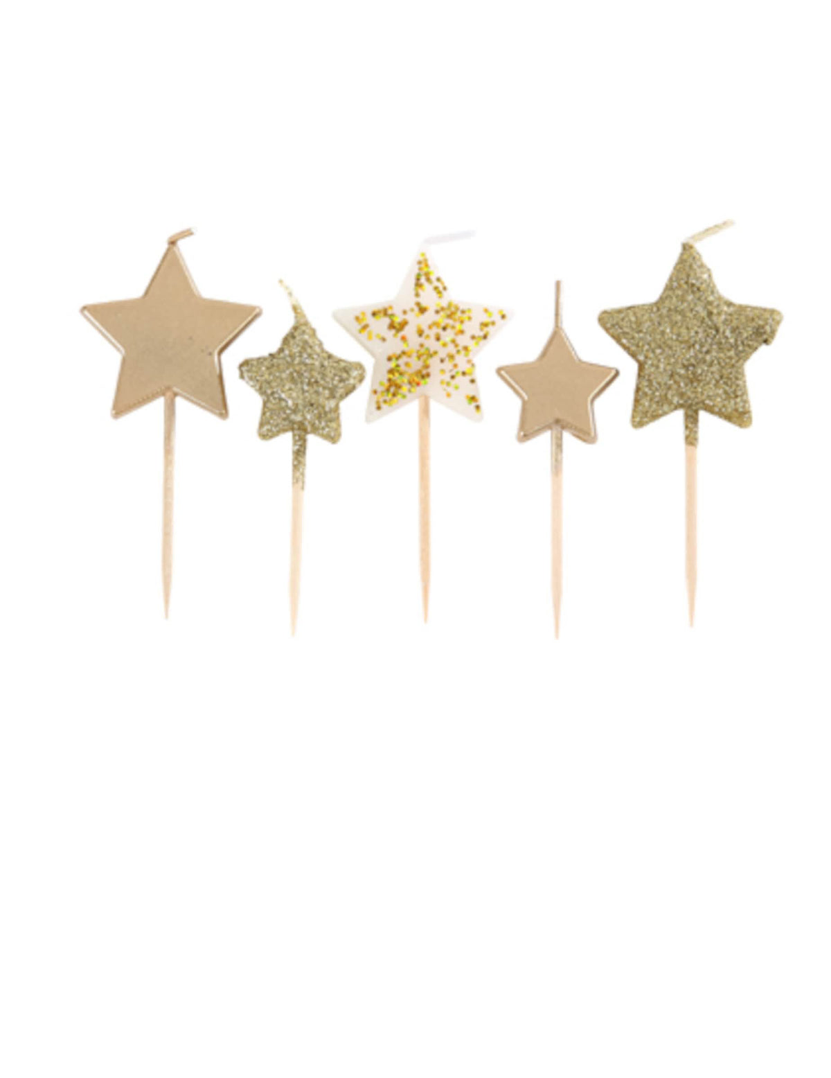 5 velas estrellas sobre palillo degradado dorado para fiesta con purpurina