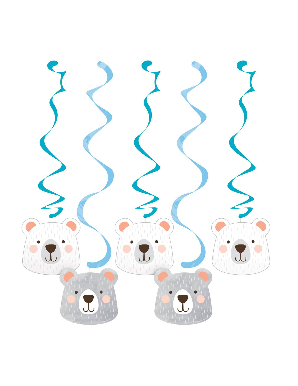 Suspensiones de cartón de ositos pequeños en espiral para baby shower azul y blanco