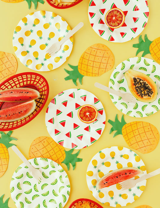 6 Platos de cartón frutas sandía, limón, piña 20,5 cm