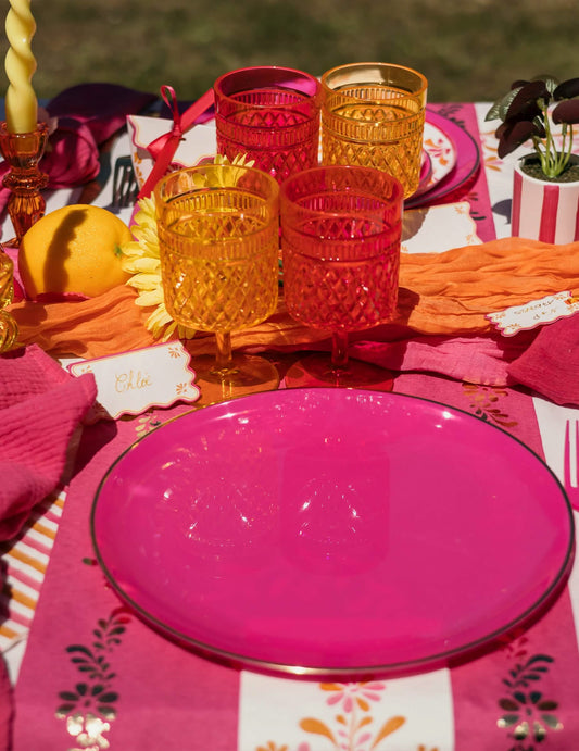 6 Platos reutilizables de plástico rosa y dorado 26,5 cm