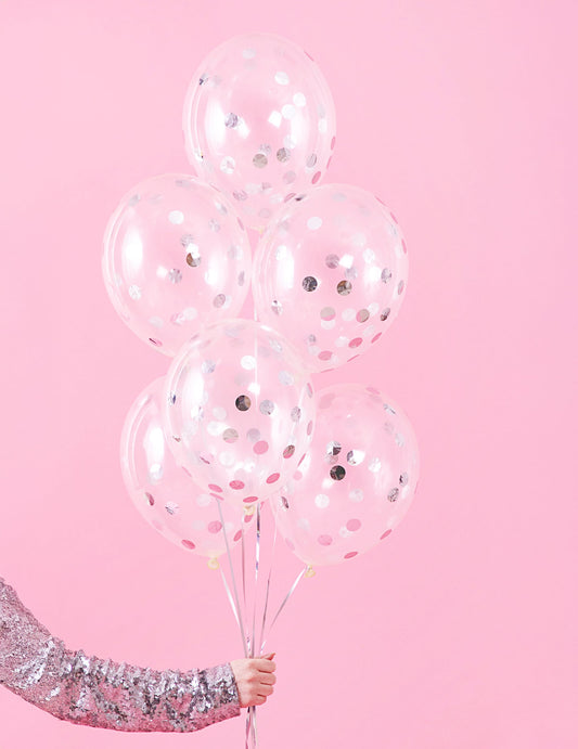 Grappe de ballons transparents confettis argentés pour fête