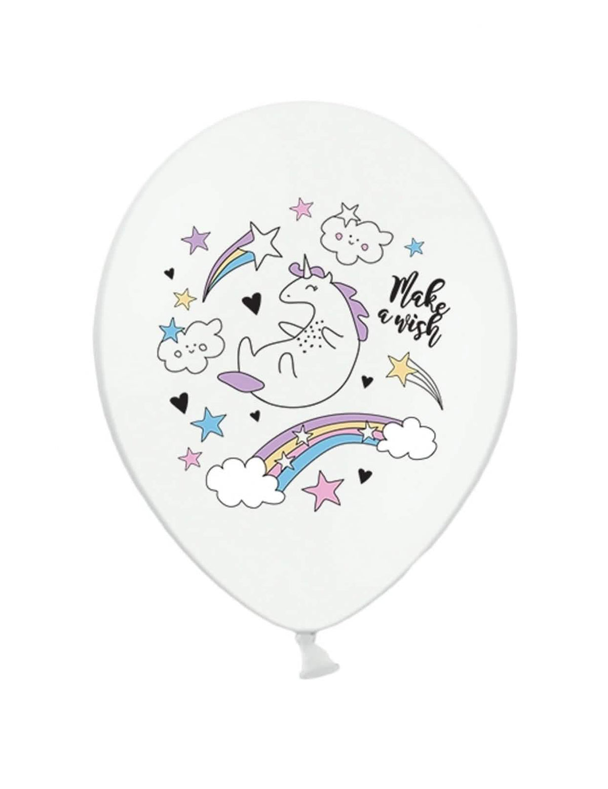 globo de látex unicornio para cumpleaños blanco con motivos arcoíris y estrellas