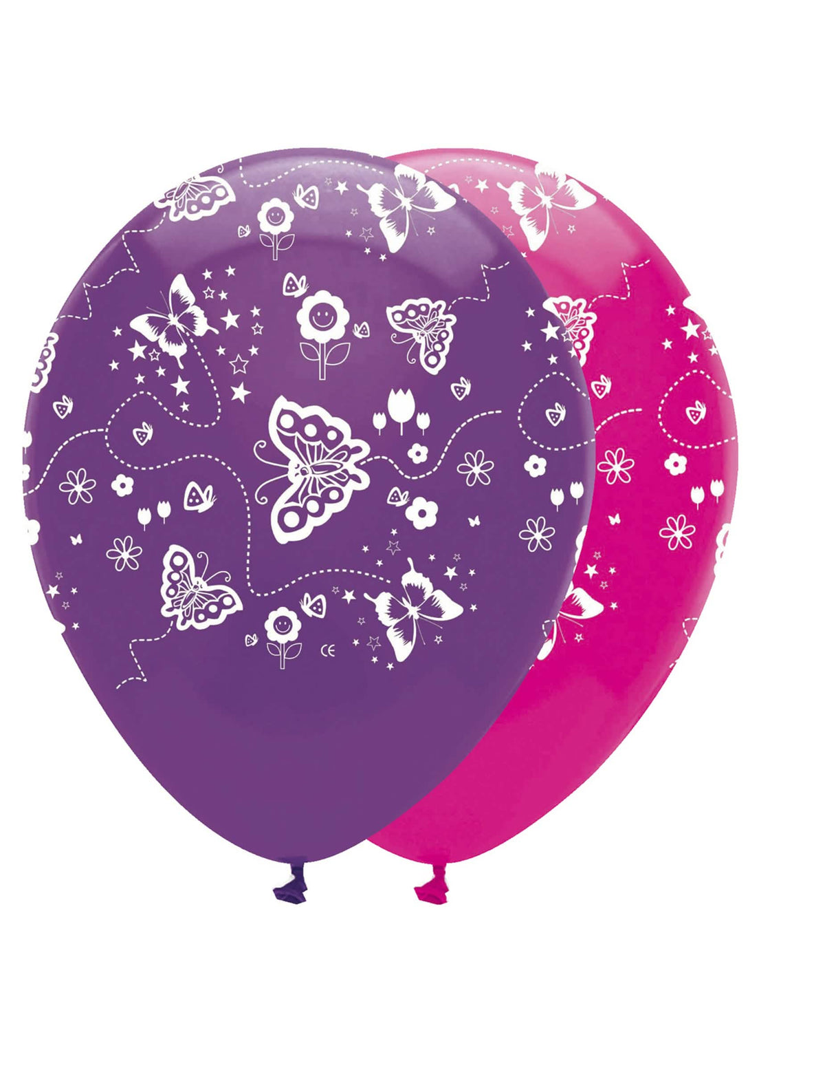 globos de látex mariposa para cumpleaños rosa y violeta con estampados blancos