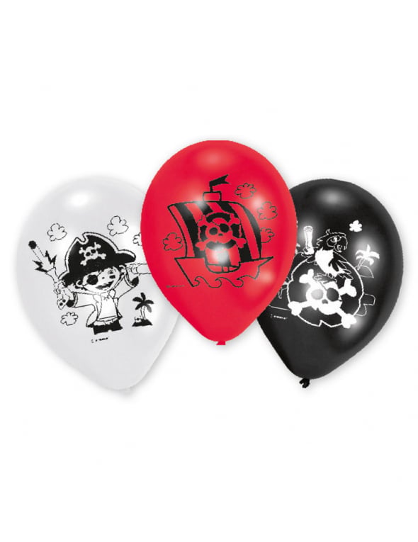 6 ballons en latex pirates pour anniversaire blanc rouge et noir avec motifs