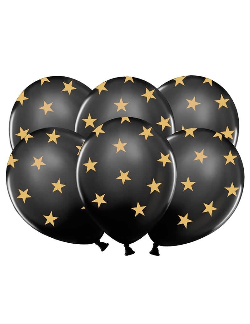 6 globos de látex estrellas negras y doradas