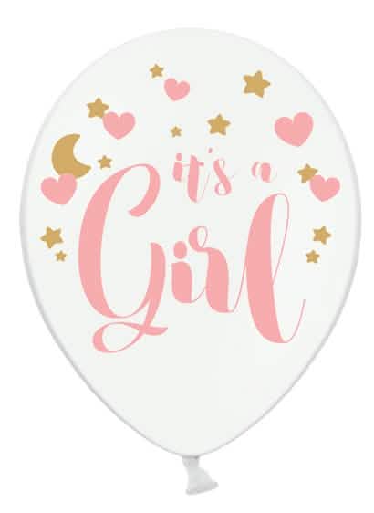 Ballon It's a girl pour baby shower blanco con estampado rosa y dorado