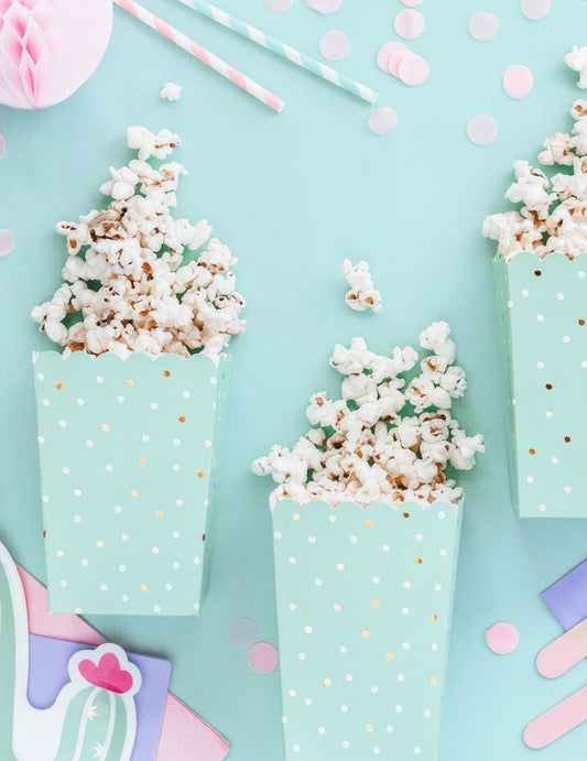 6 cajas de palomitas de cartón color menta con lunares blancos y dorados