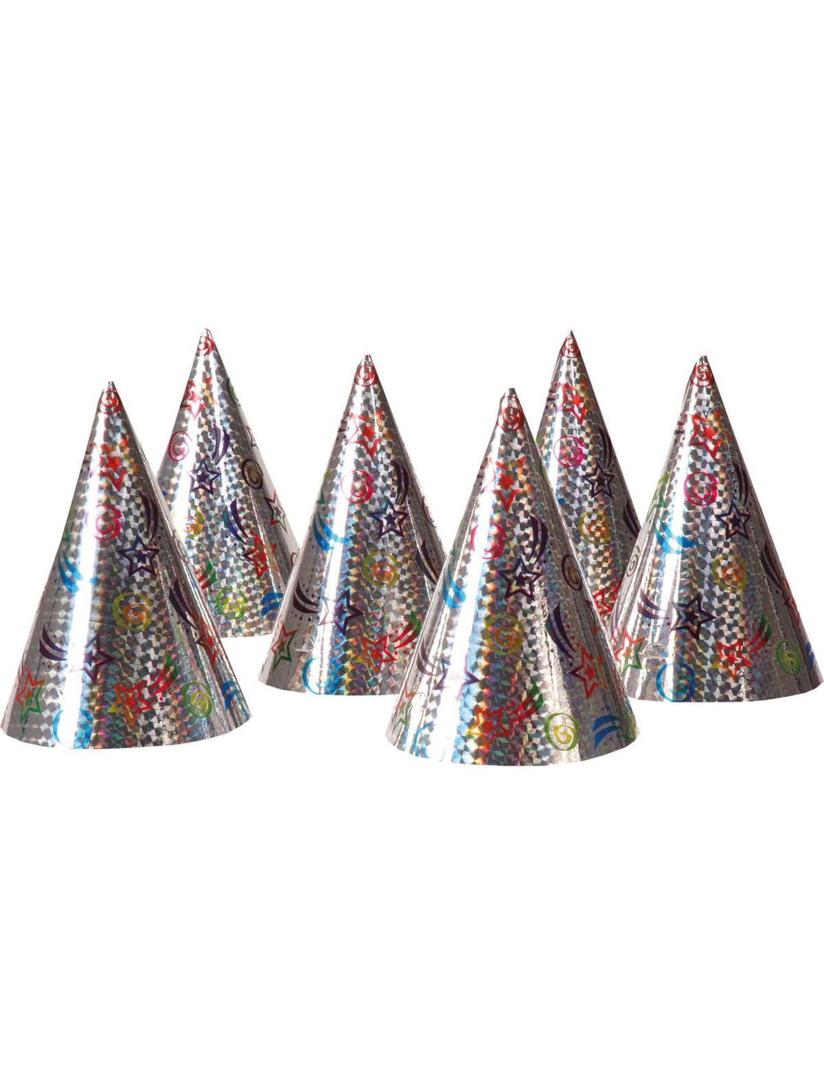 sombreros de fiesta holográficos con estrellas para niño y adulto plateados con motivos coloridos