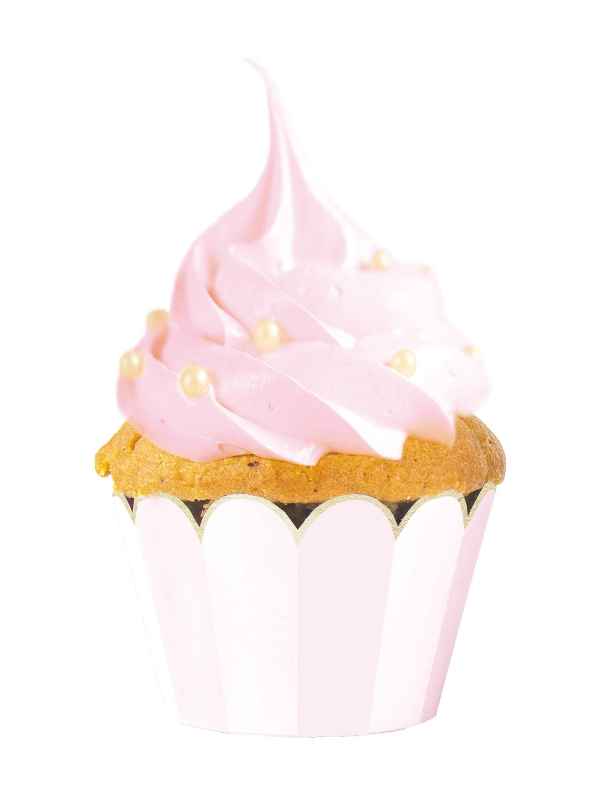 Cubierta para cupcake rosa y blanco con bordes festoneados dorados