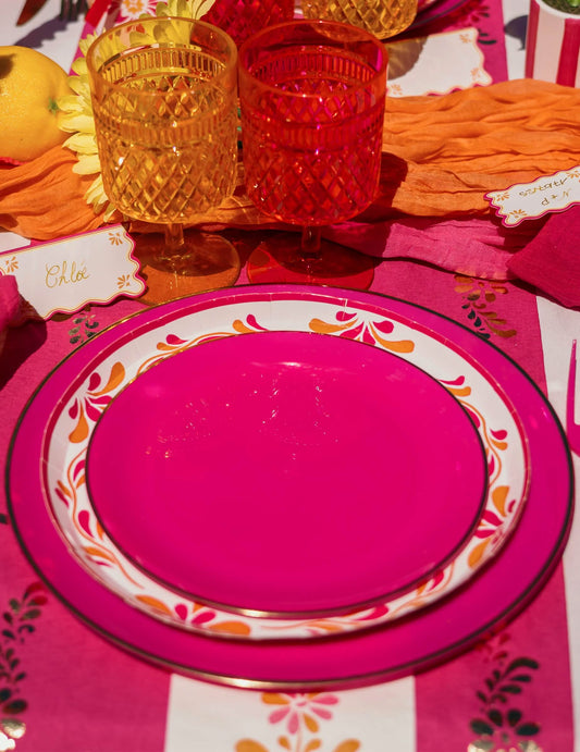 6 platos pequeños reutilizables de plástico rosa y dorado 19 cm