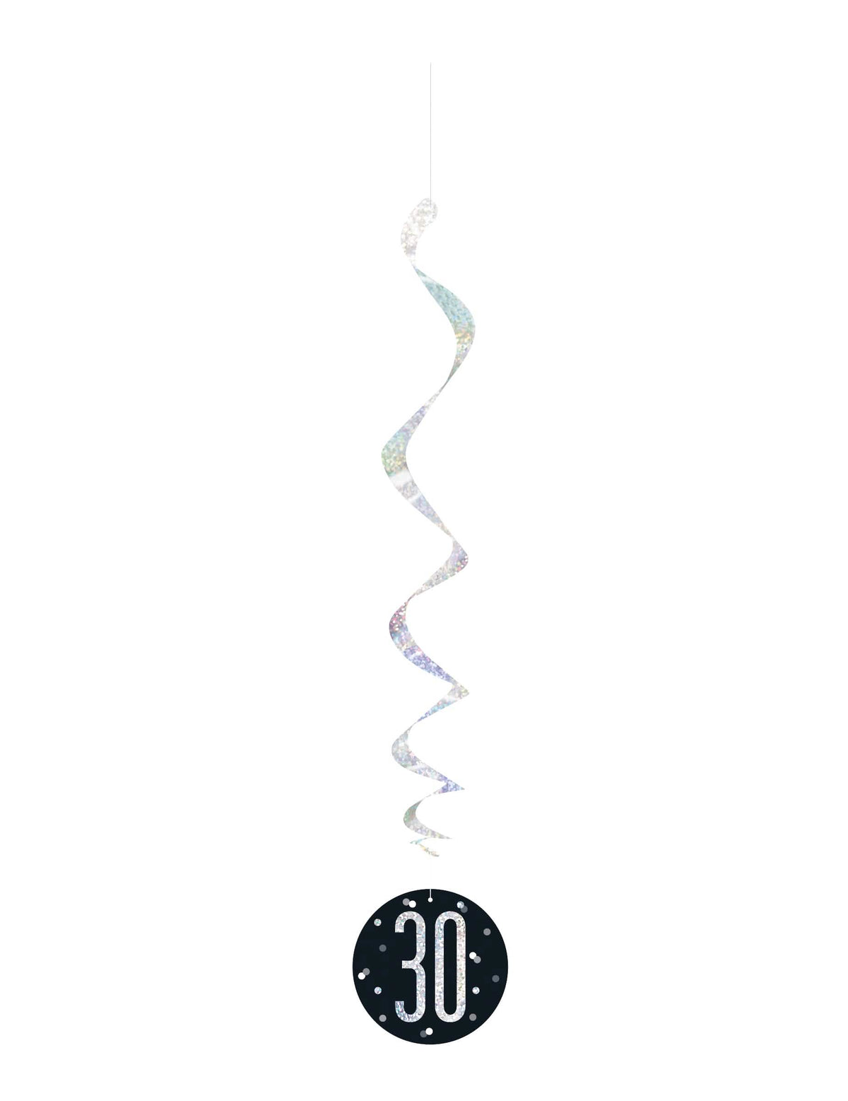 Suspensión en espiral 30 años para cumpleaños negra y plateada holográfica
