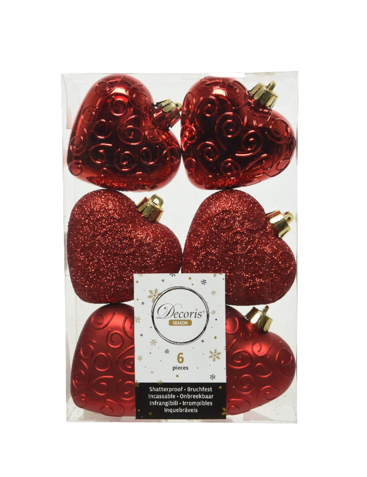 6 colgantes para árbol corazones rojos mate, brillantes y con purpurina