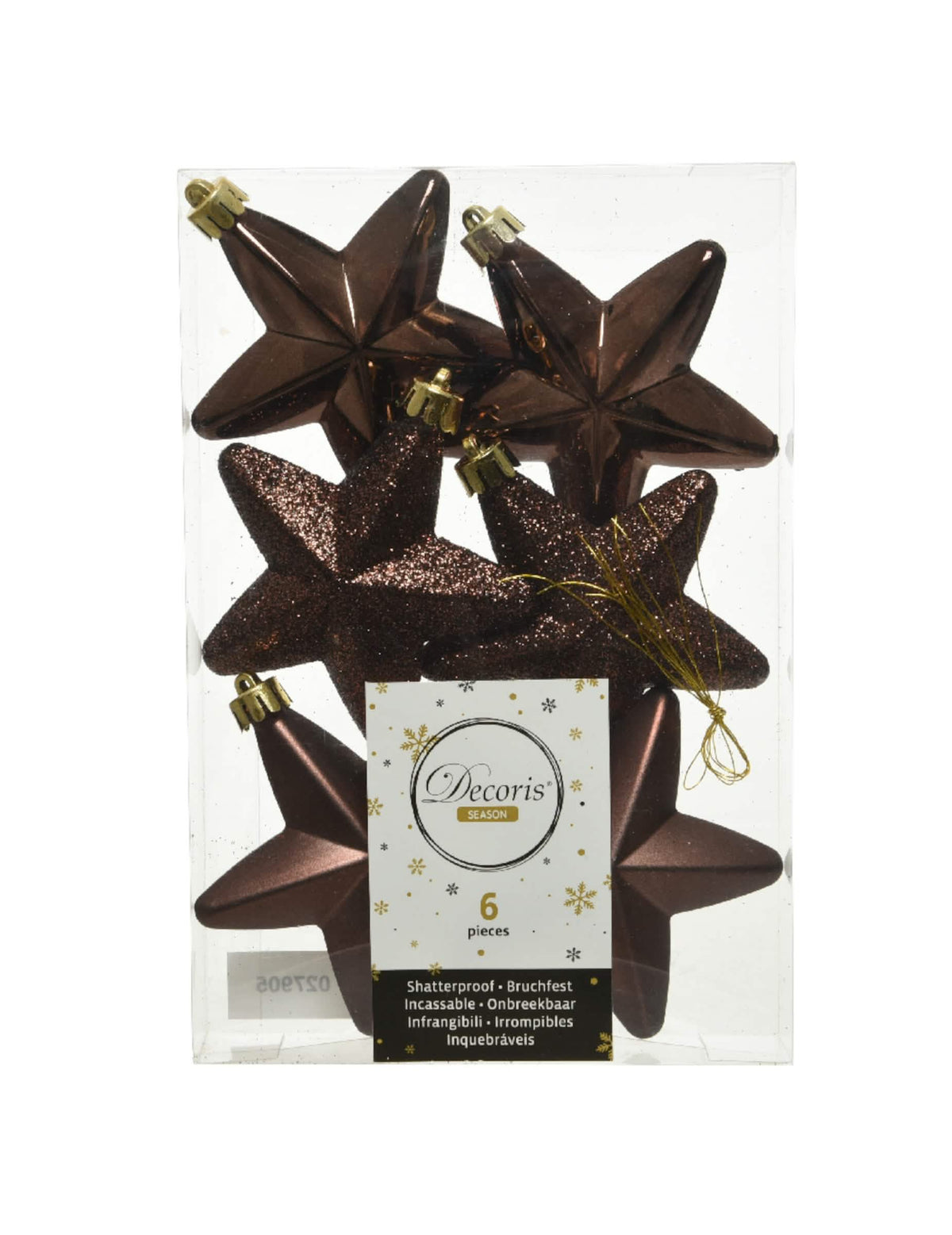 Vista del embalaje de las 6 suspensiones estrellas para árbol de Navidad chocolate con purpurina y mate