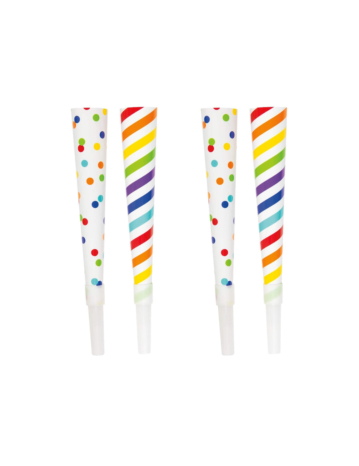 Trompetas de fiesta divertidas para fiesta multicolores con lunares y rayas