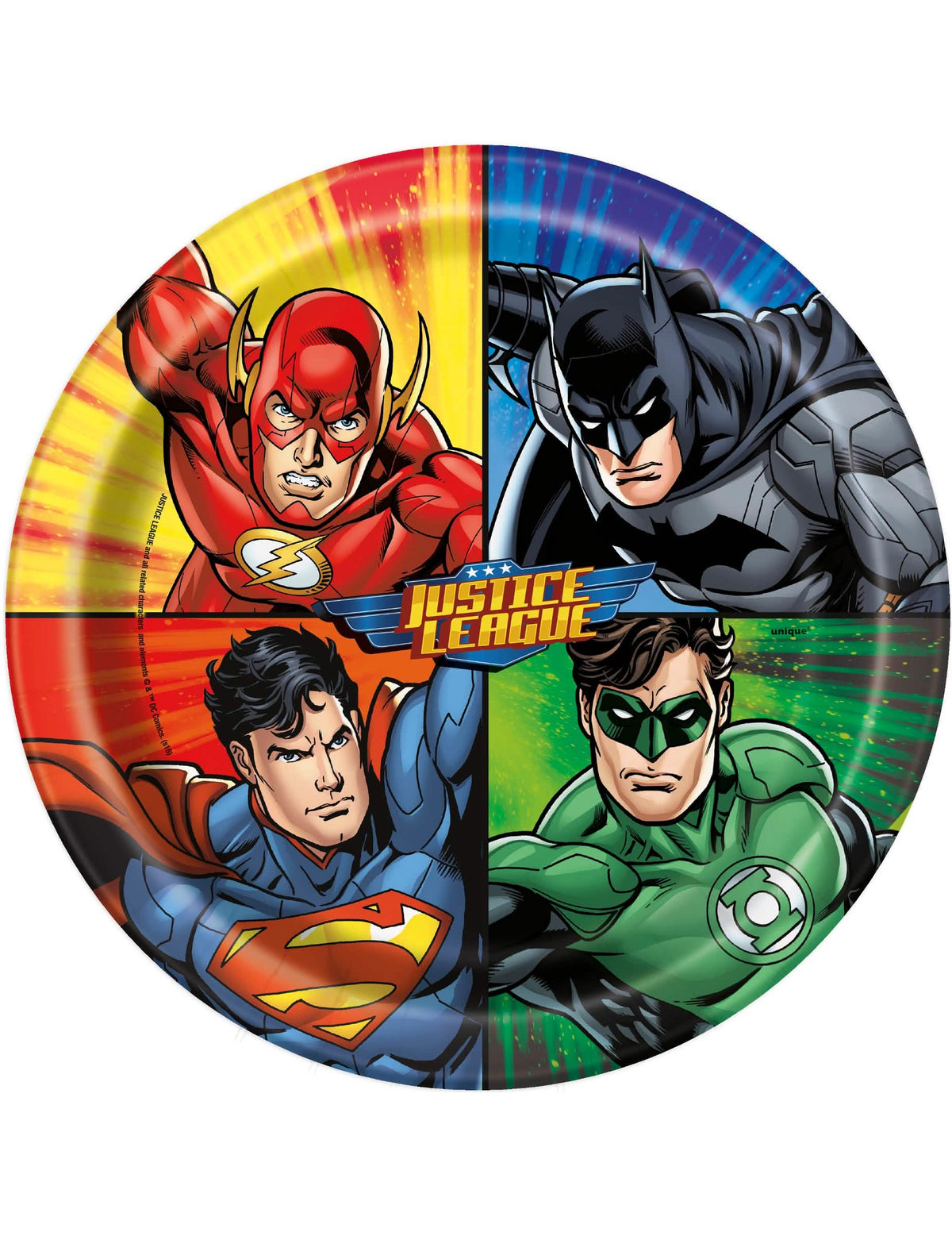 platos de cartón La Liga de la Justicia para niño multicolores con Batman Superman Flash y Linterna Verde