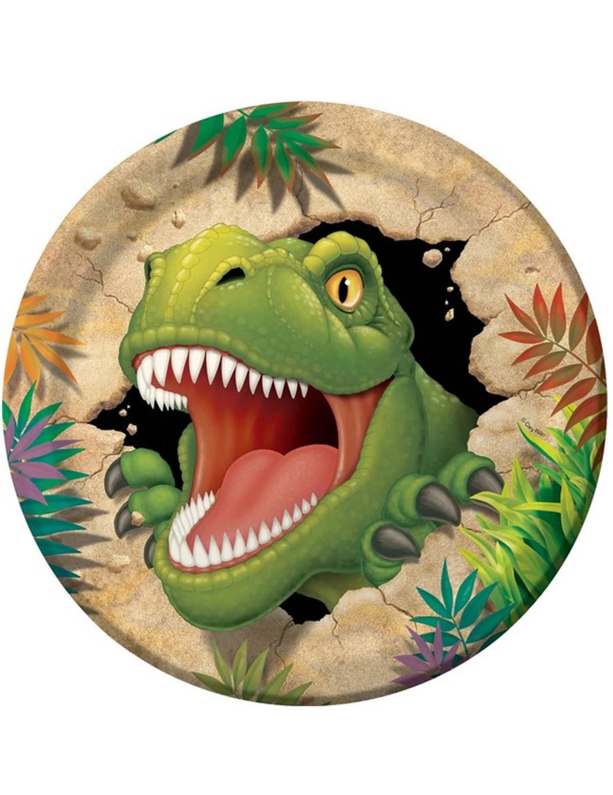 platos de cartón cumpleaños Dinosaurios verde con motivo de T-Rex con la boca abierta