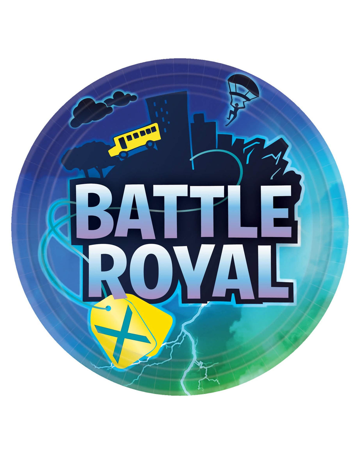 platos de cartón Battle Royale para cumpleaños azul y verde con decoración urbana y autobús amarillo