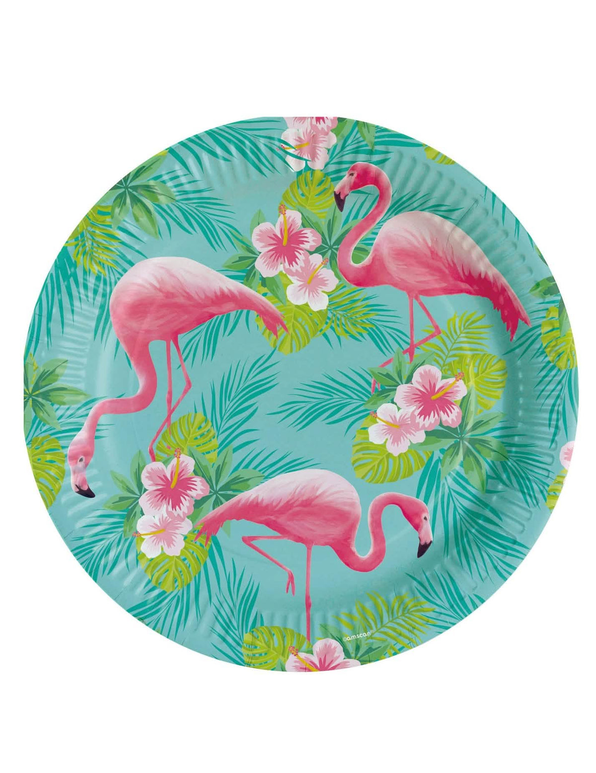 platos de cartón Flamingo Paradise decoración tropical turquesa con flamencos rosas e hibiscos