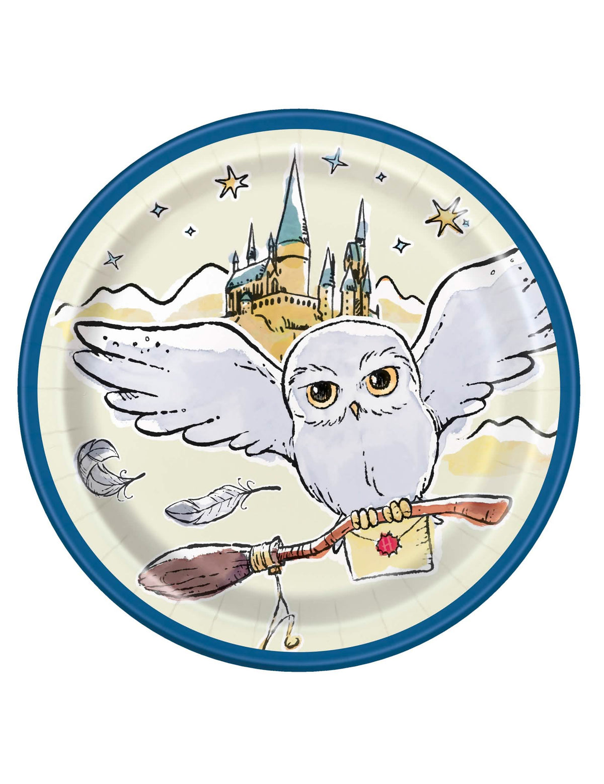 Petites assiettes en carton Harry Potter pour enfant bleu avec chouette Hedwig et château de Poudlard