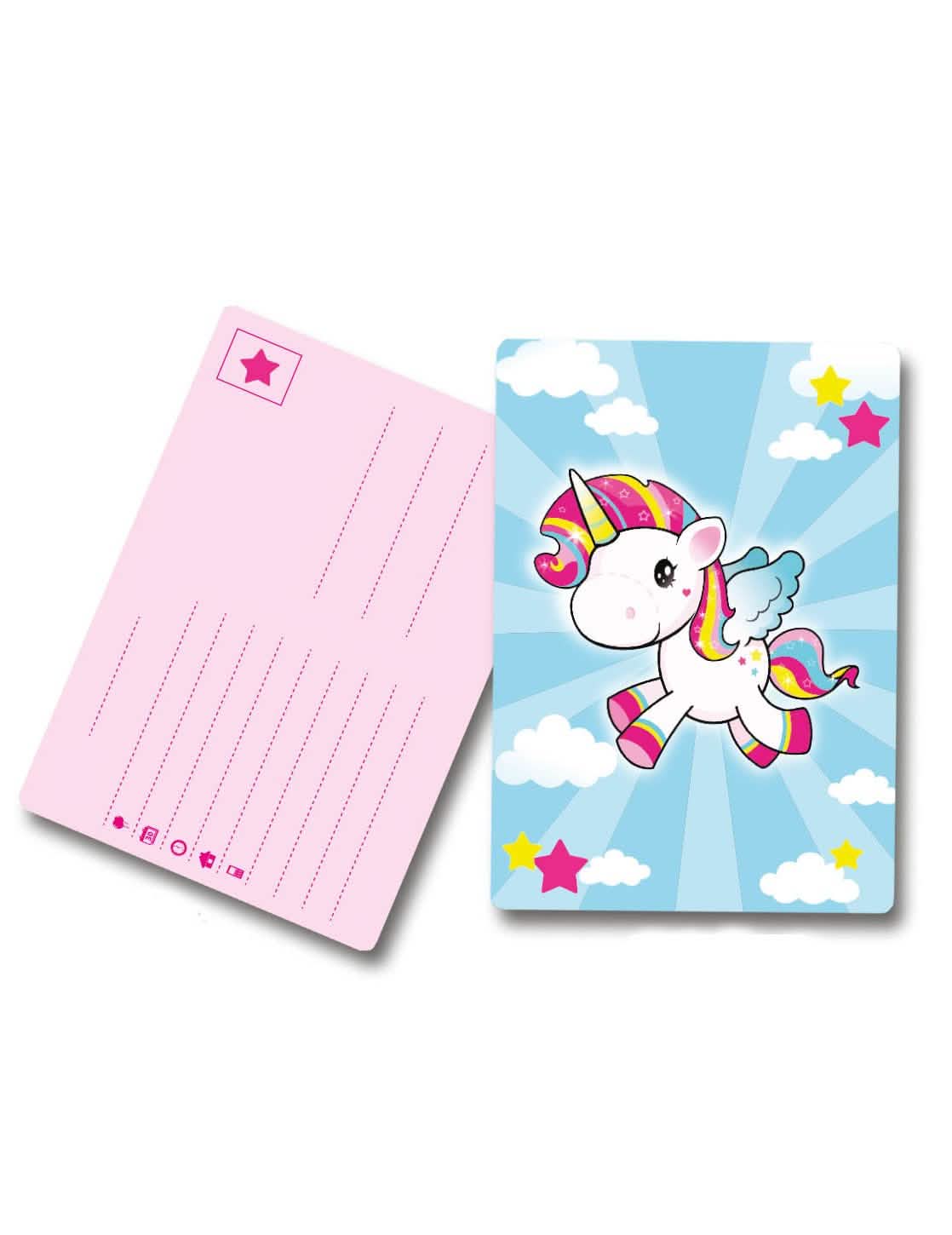 Tarjetas de invitación unicornio para niño multicolores con reverso rosa