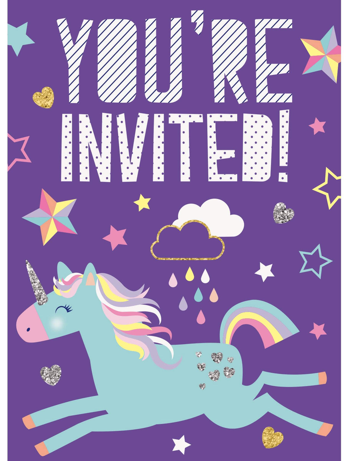 Cartón de invitación unicornio para cumpleaños violeta con arcoíris