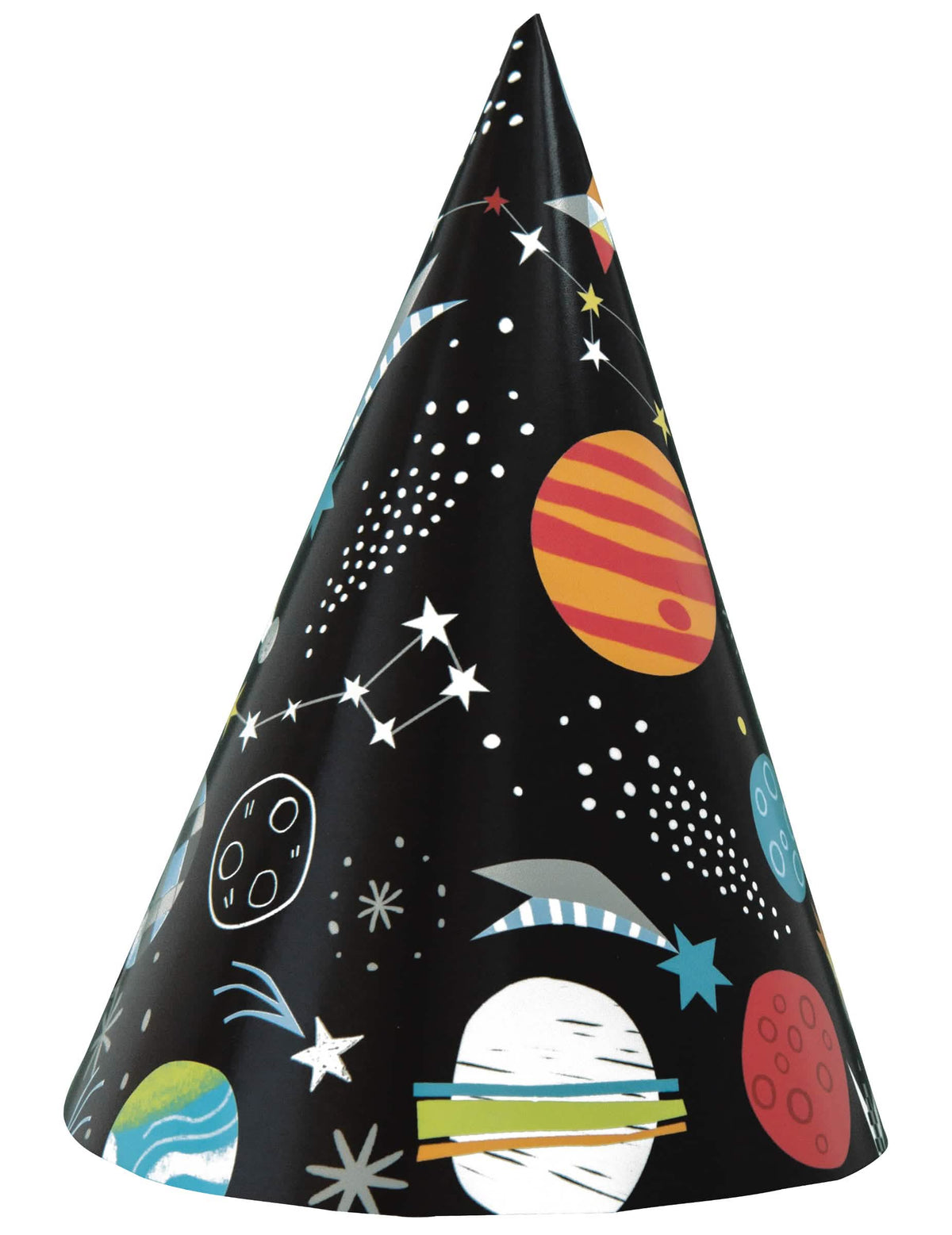Sombrero de fiesta universo para niño negro con motivos de planetas y estrellas