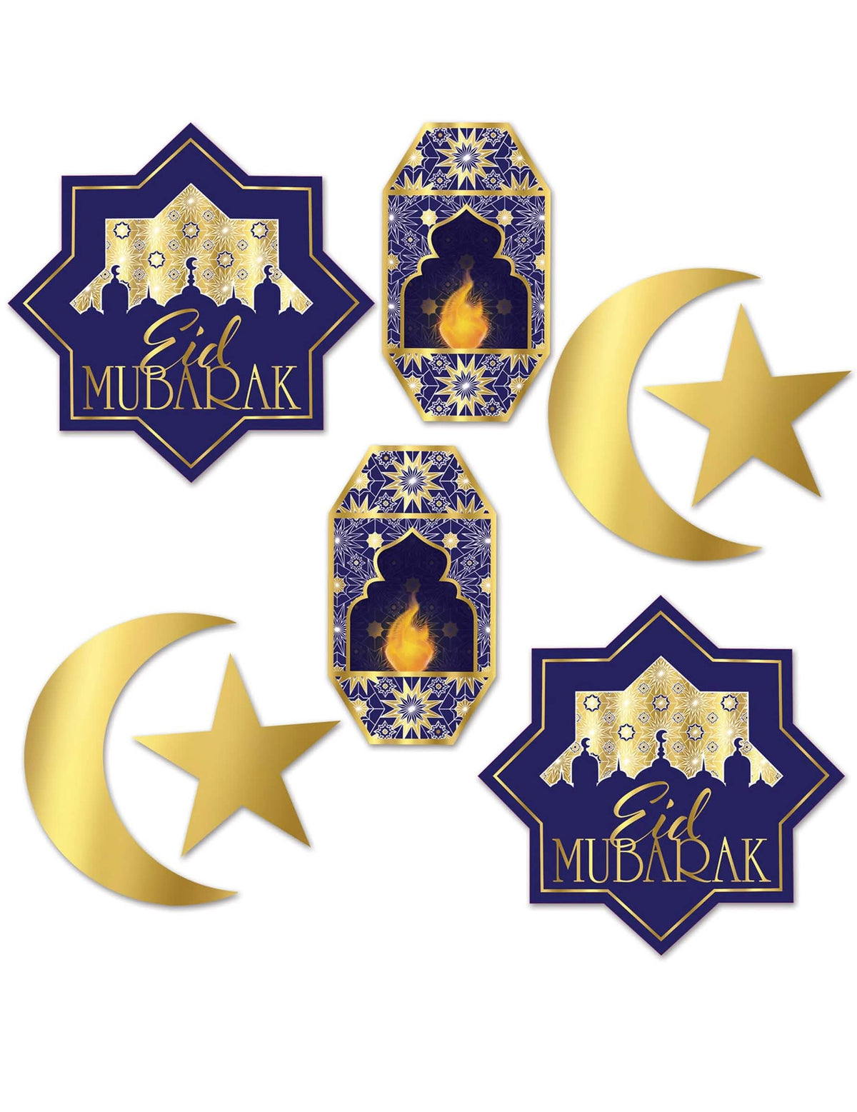 Decoraciones de cartón Aïd Mubarak para la fiesta azules y dorado con lunas y linternas