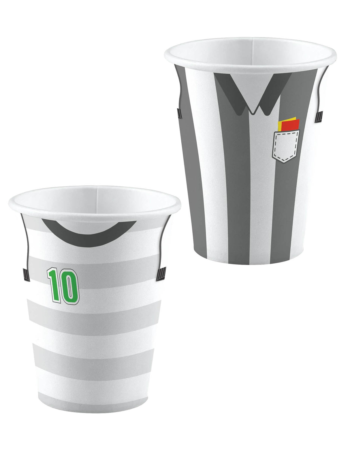 Gobelets en carton Football pour fête gris et blanc avec motifs maillots de joueur et d'arbitre