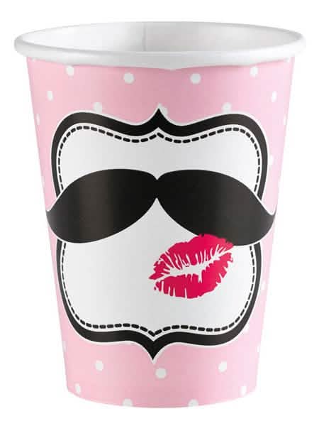 Vasos de cartón con bigote para fiesta rosa con lunares y motivo de labios rojos