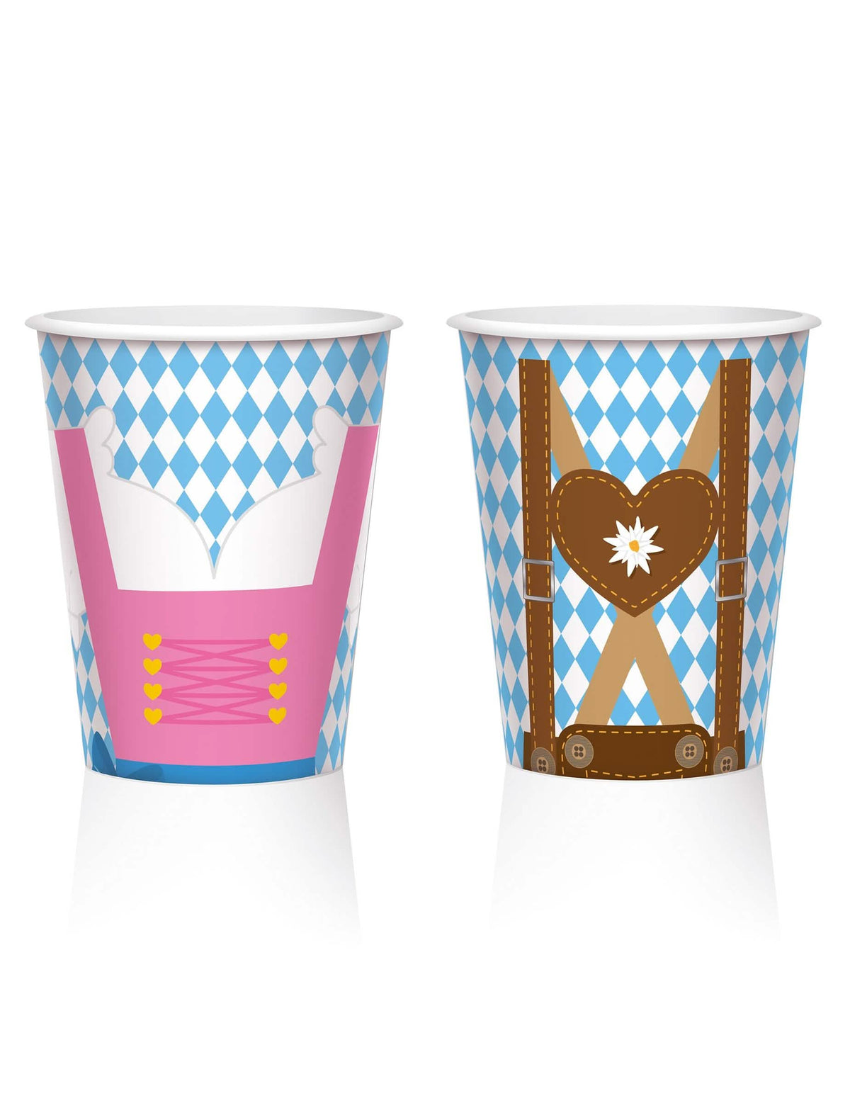 Vasos de cartón fiesta de la cerveza azul y blanco con motivos dirndl y Lederhosen