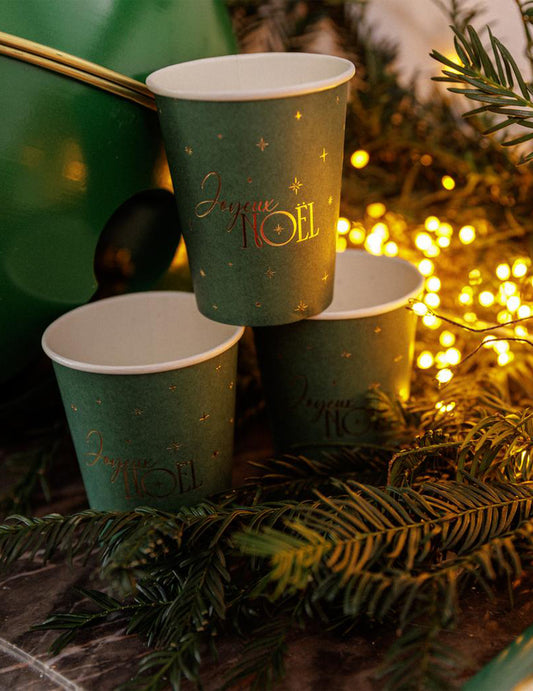 8 vasos Feliz Navidad atemporal verde inglés y dorado 25,5 cl